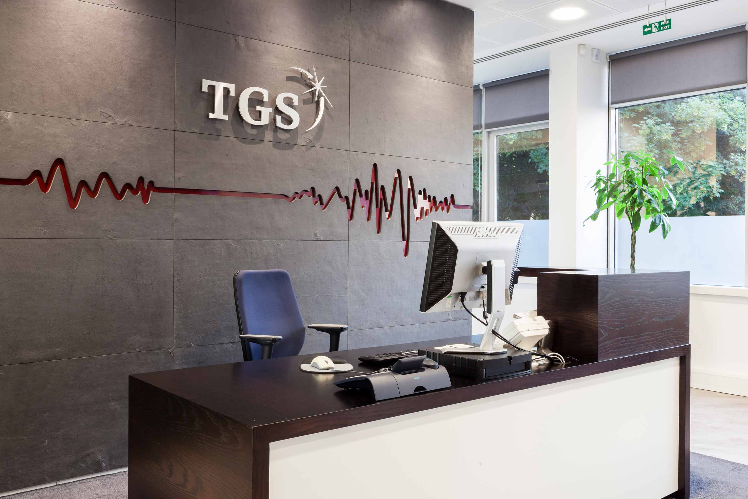 Modern office reception desk with a computer monitor, phone, and a potted plant, against a wall with company logo.