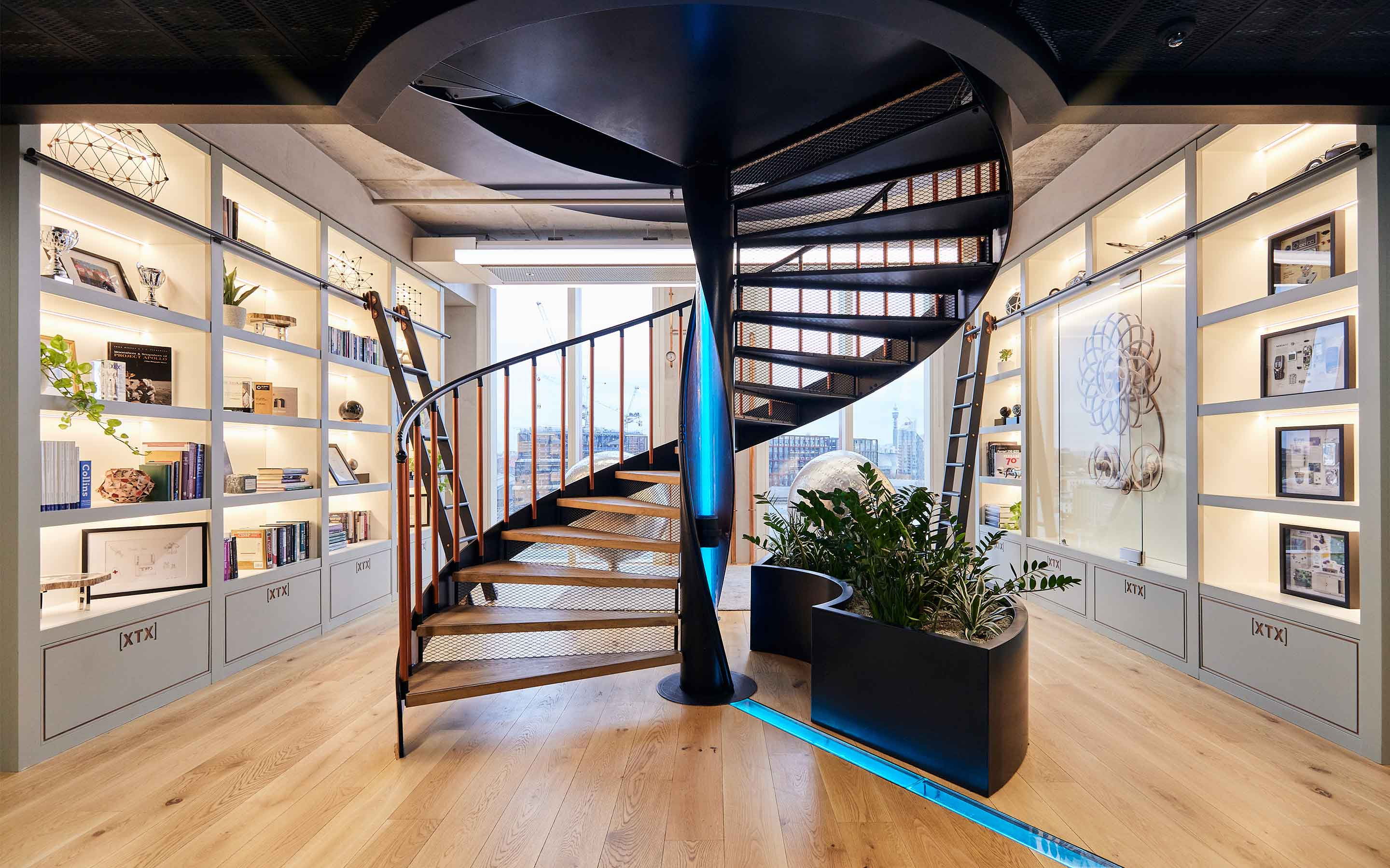 Stylish office interior design showcasing a blend of industrial elements and chic furnishings