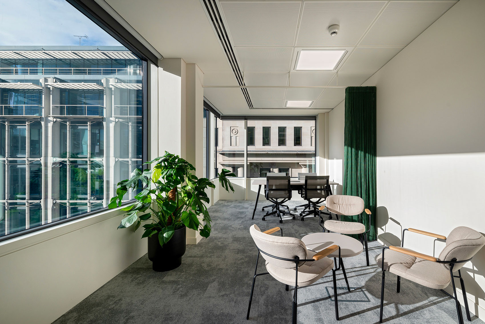 Modern office space with large windows, desk chairs, a potted plant, and a draped green curtain.